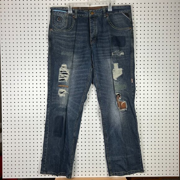 Parish Nation Y2K Blue Jeans 42x34 Distressed Worn Upcycled Skater Grunge Dark - Picture 1 of 9